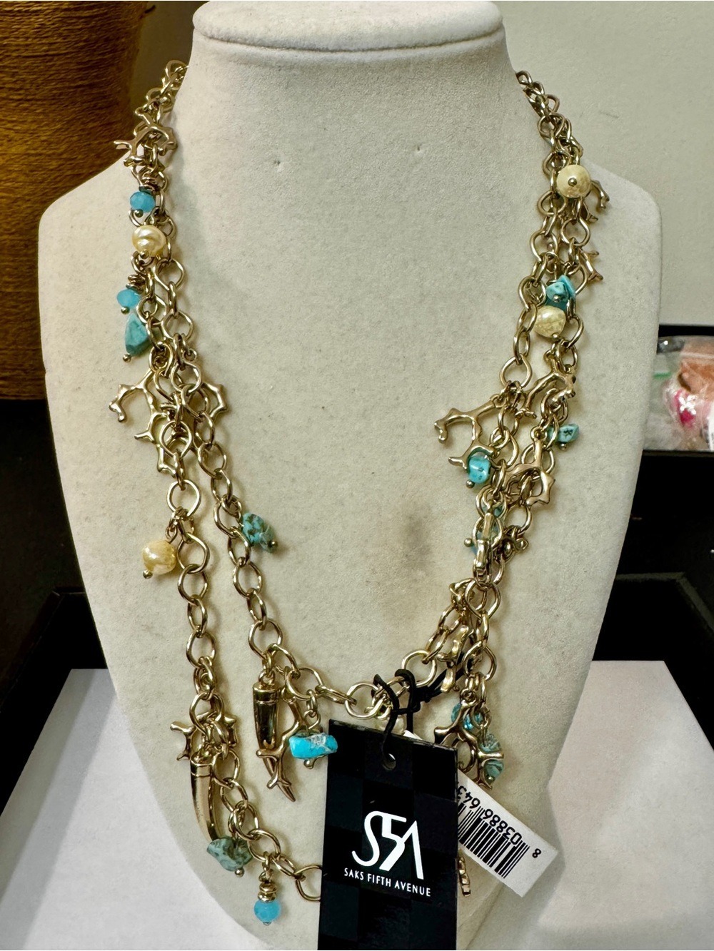 Saks Fifth Avenue Gold-Tone Multi-Chain Necklace with Turquoise and Cream Beads